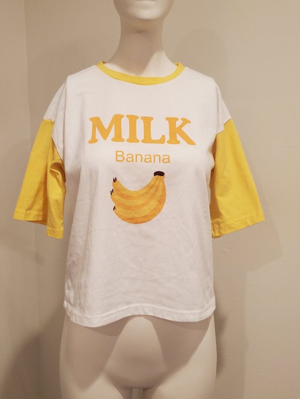 Mango Womens Milk Banana Graphic T-Shirt Yellow White Drop Shoulder Tee S
